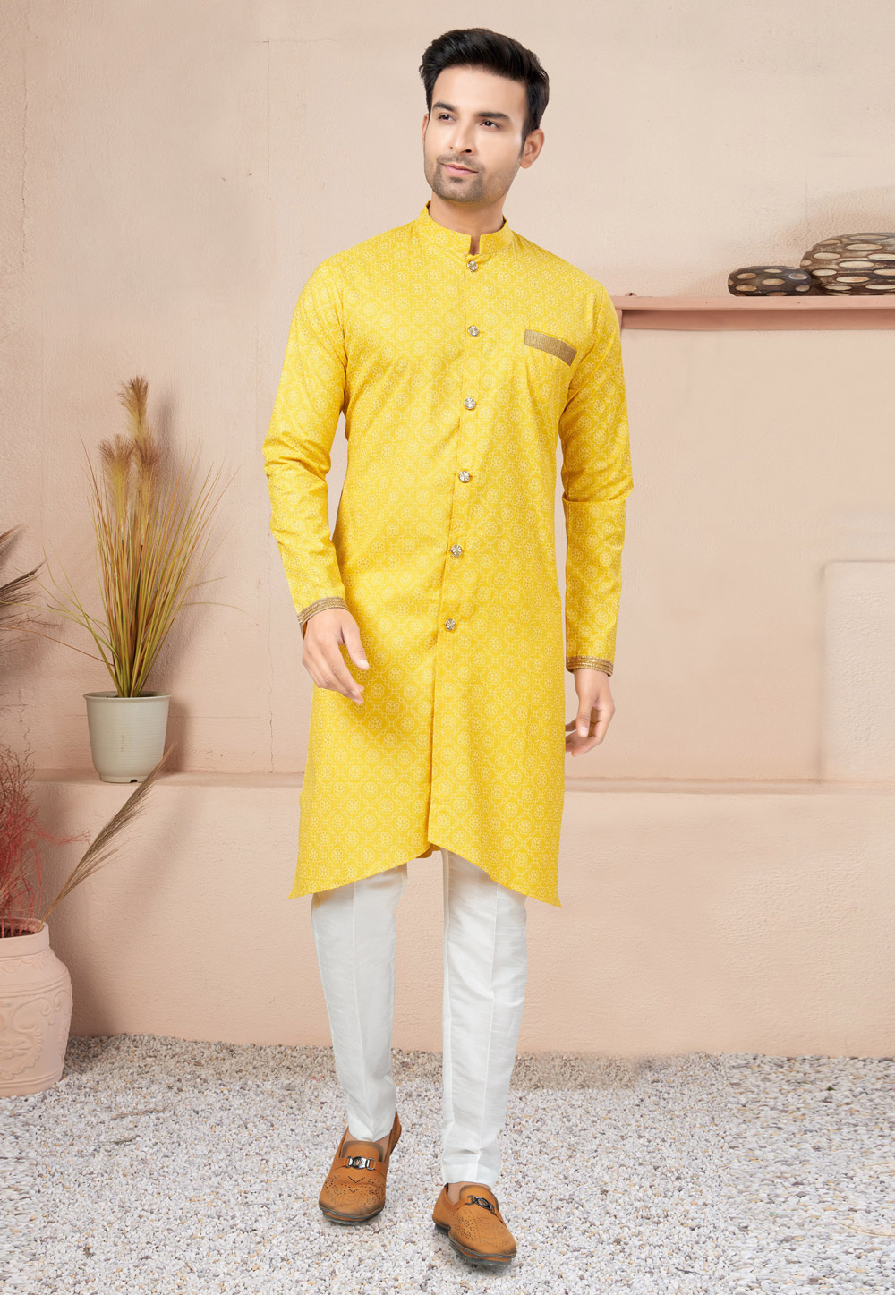 Yellow Cotton Indo Western Suit 270734