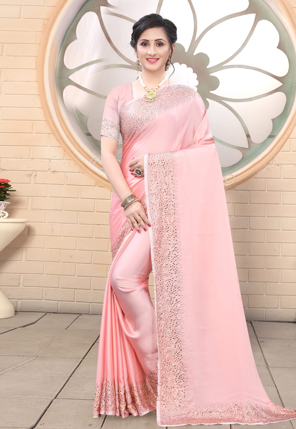 Pink Satin Saree With Blouse 217297