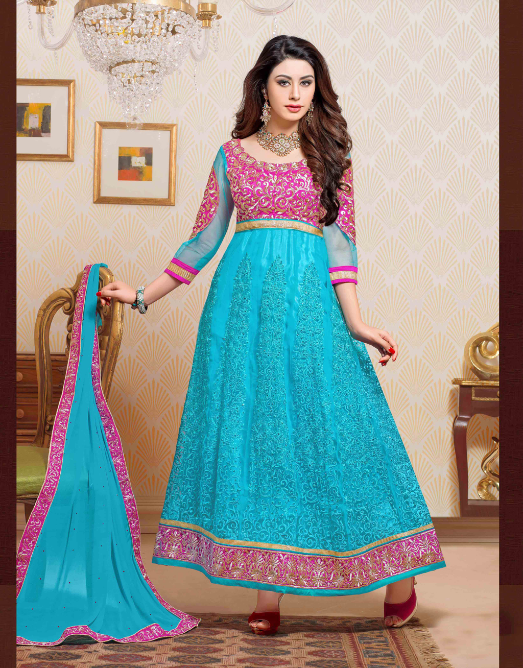 Turquoise Net Ankle Length Anarkali Suit 44450