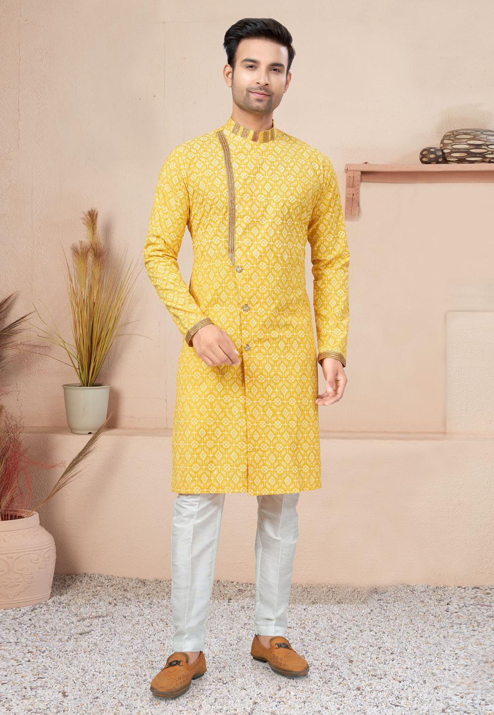 Yellow Cotton Indo Western Suit 270738