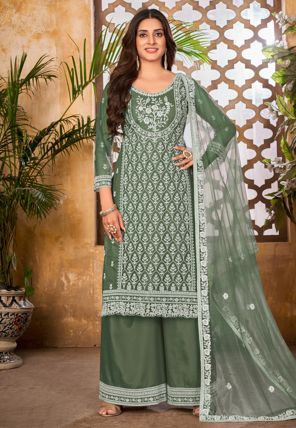 Camo Green Net Embroidered Pakistani Suit 248377