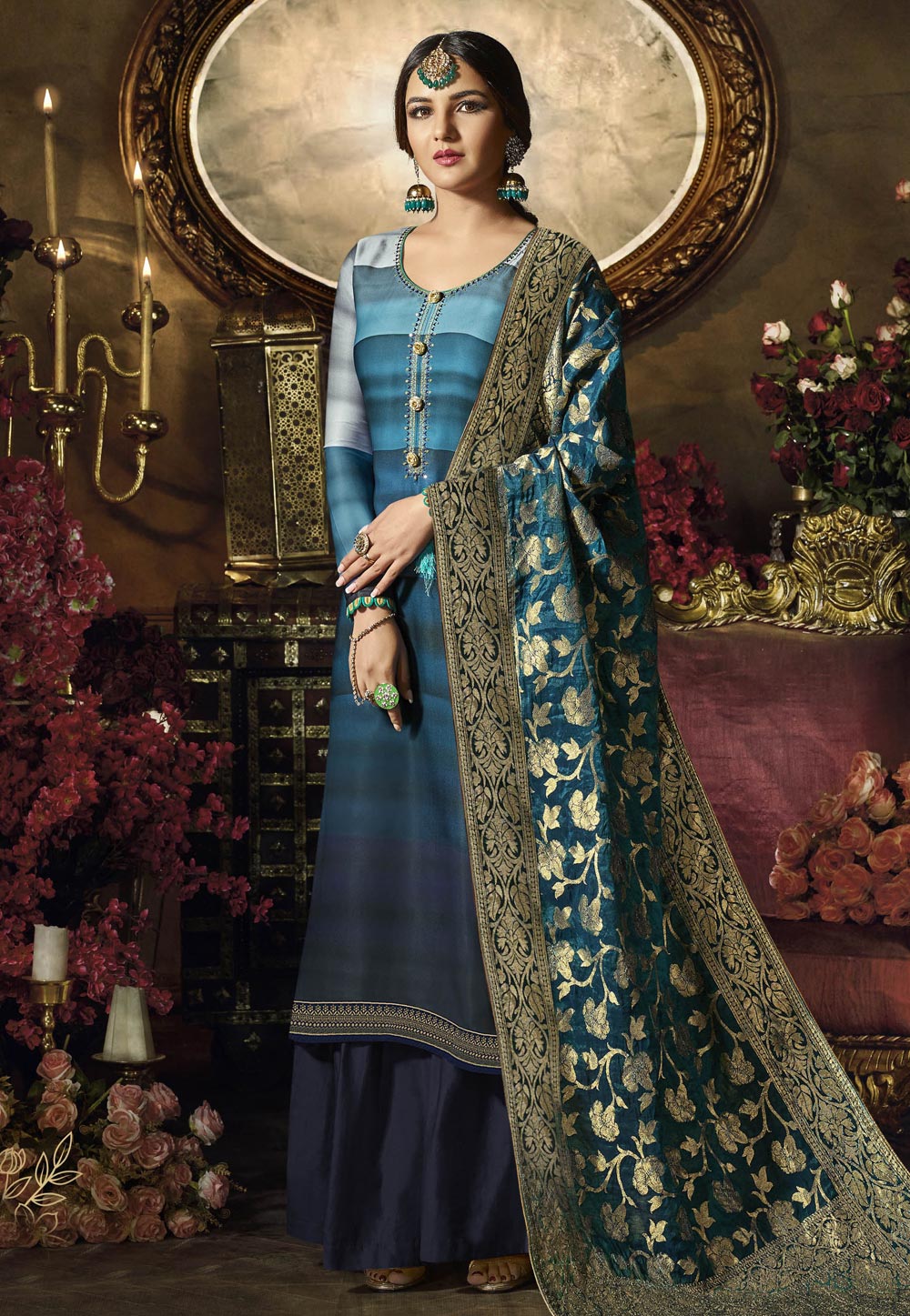 Blue Satin Pakistani Style Suit 160172