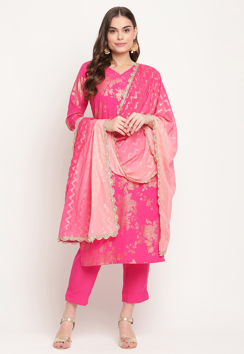 Pink Crepe Readymade Pant Style Suit 237495