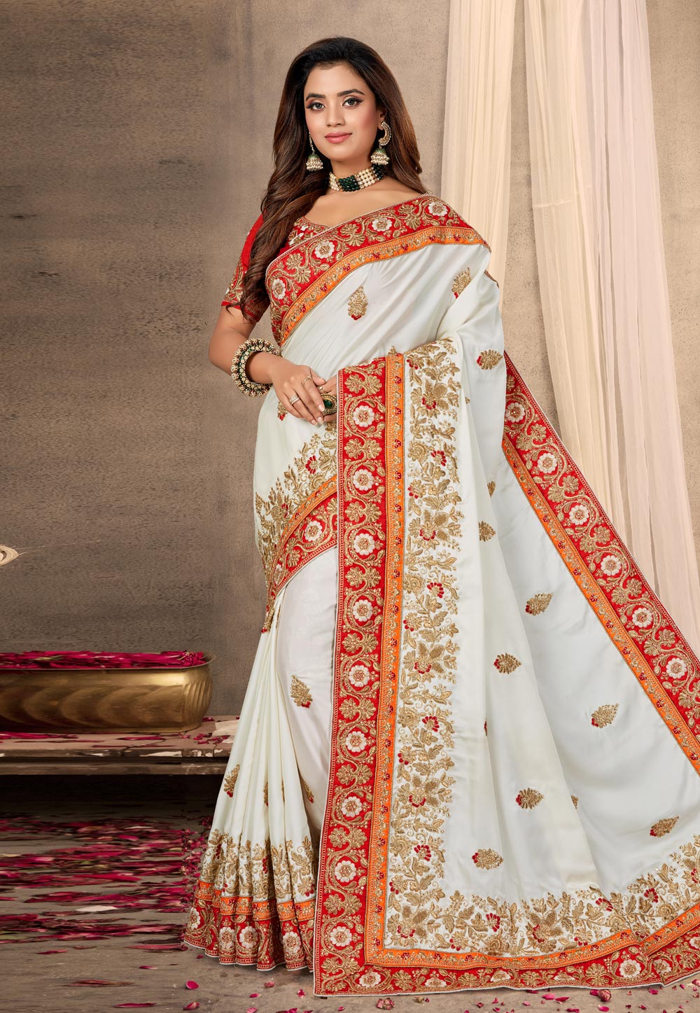 White Satin Embroidered Saree With Blouse 217723