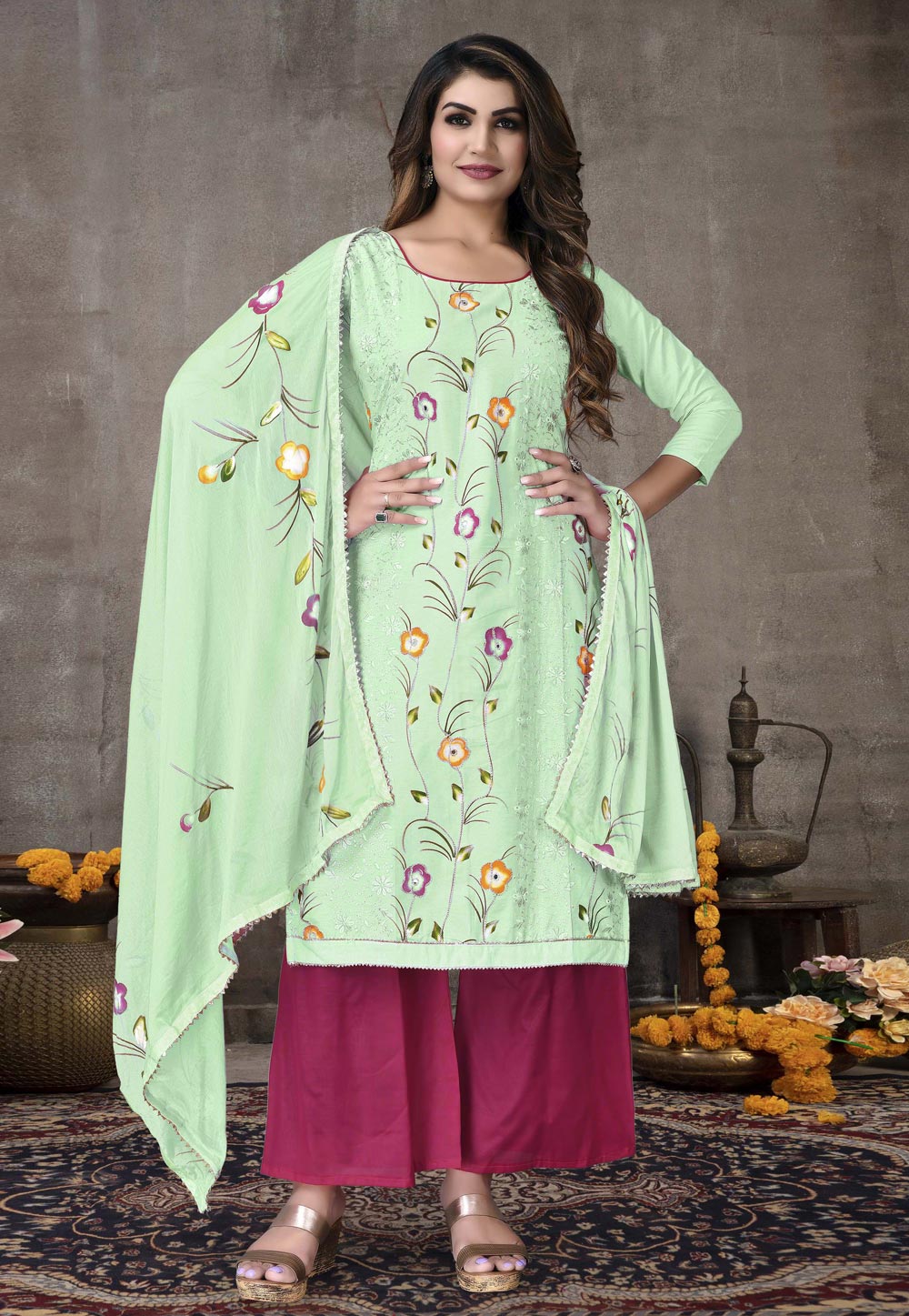 Pista Green Cotton Pakistani Palazzo Suit 246908