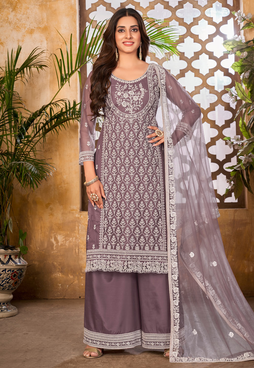 Light Purple Net Embroidered Palazzo Suit 248378