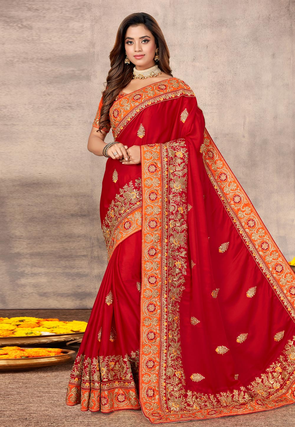Red Satin Embroidered Festival Wear Saree 217724