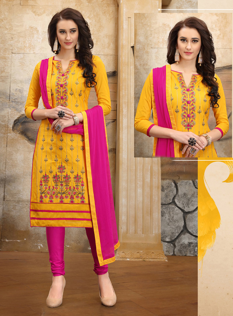 Deep Yellow Cotton Churidar Salwar Suit 117965