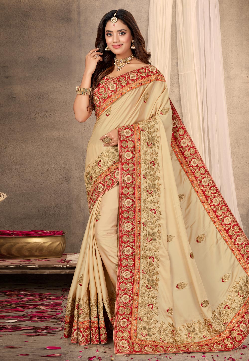 Beige Satin Embroidered Saree With Blouse 217725