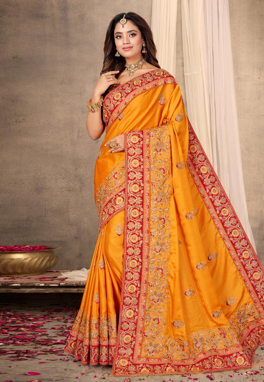 Yellow Satin Embroidered Festival Wear Saree 217726