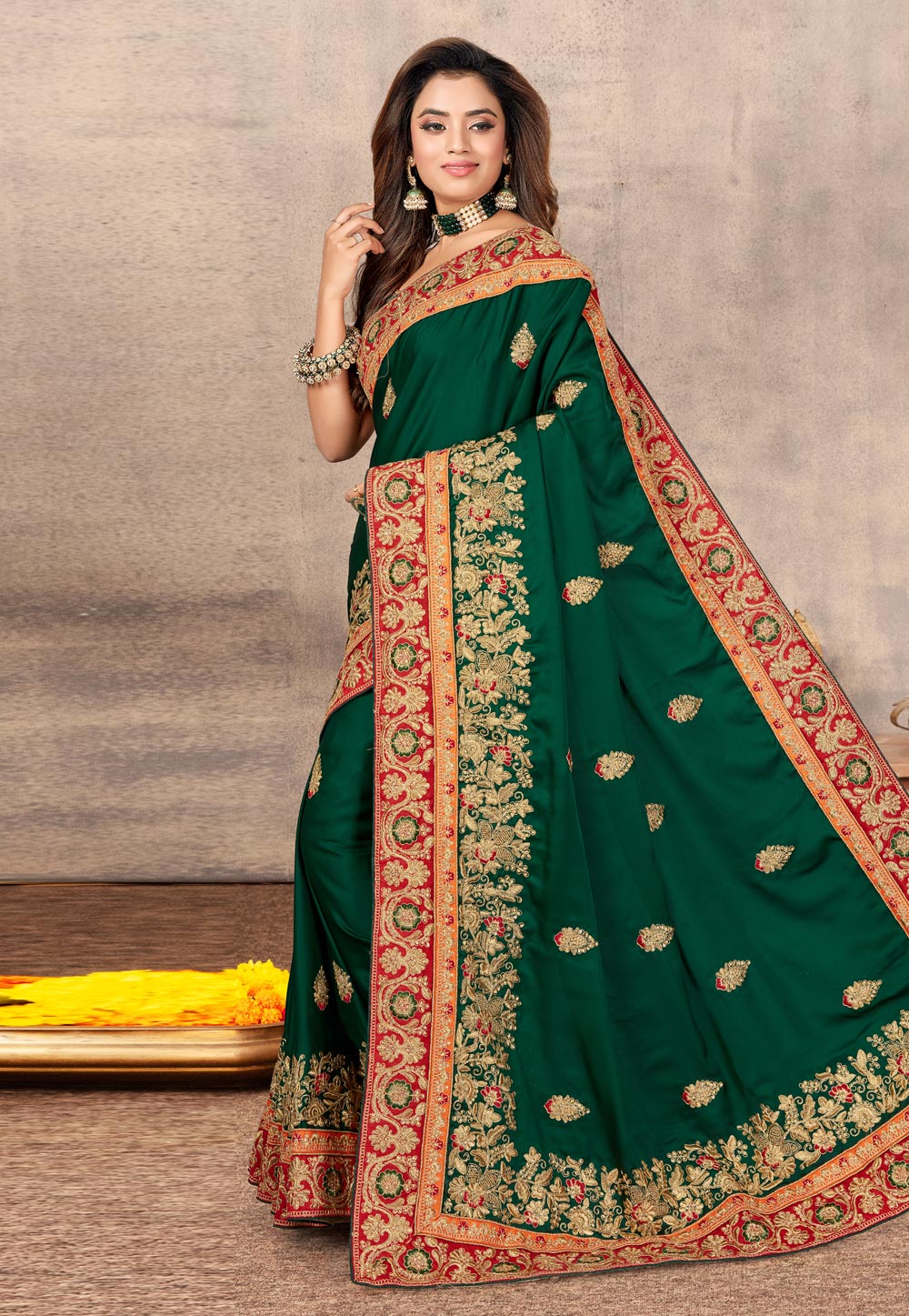 Green Satin Embroidered Saree With Blouse 217727