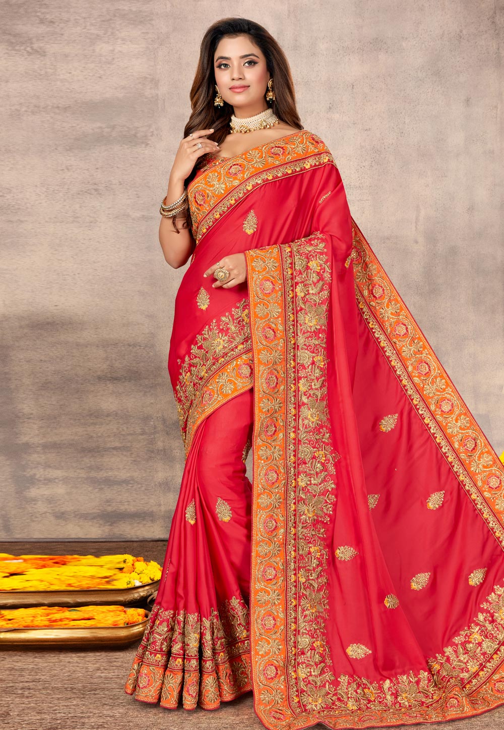 Pink Satin Embroidered Festival Wear Saree 217728