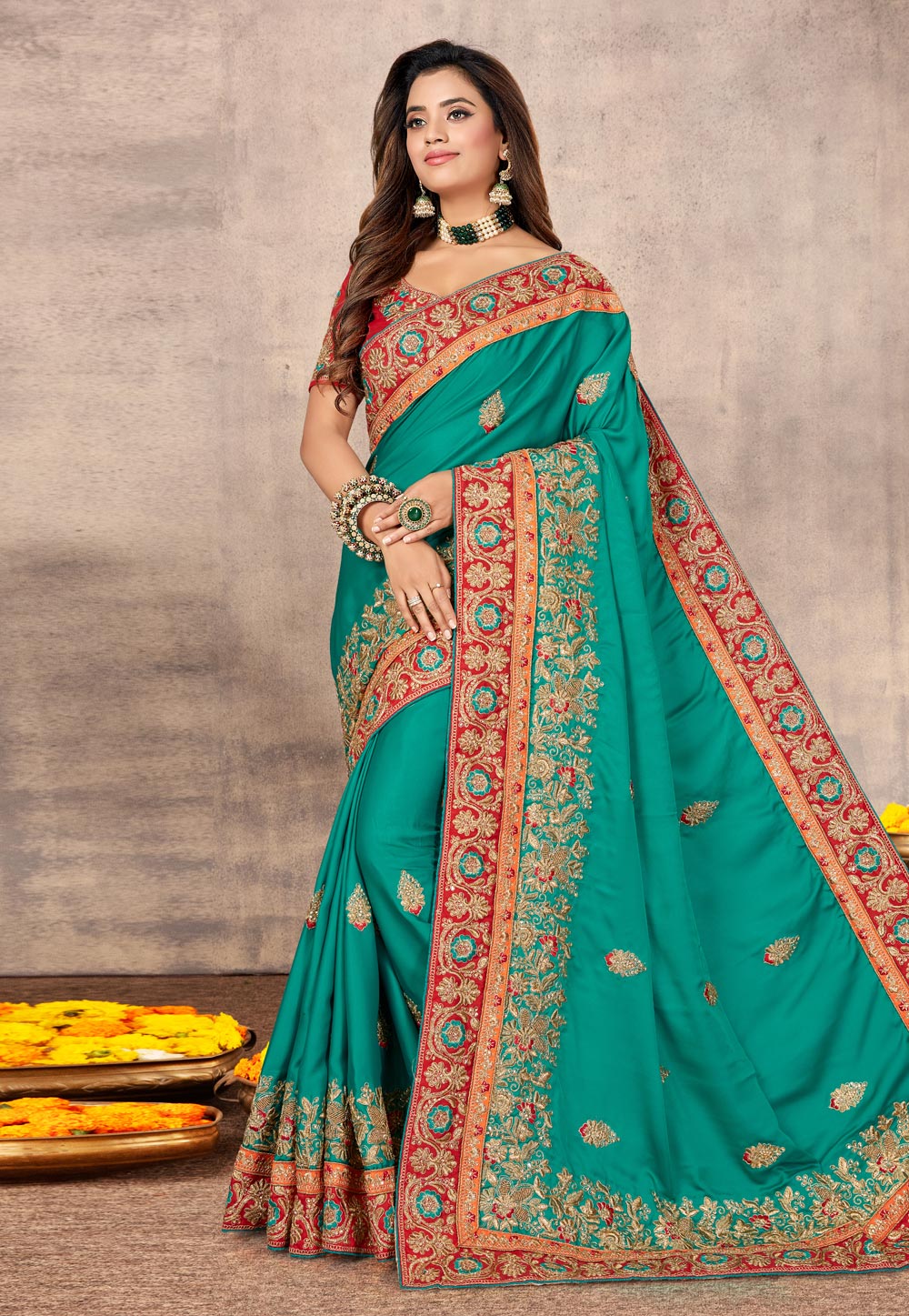 Turquoise Satin Embroidered Saree With Blouse 217729