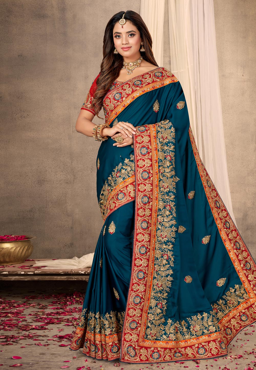 Blue Satin Embroidered Saree With Blouse 217731
