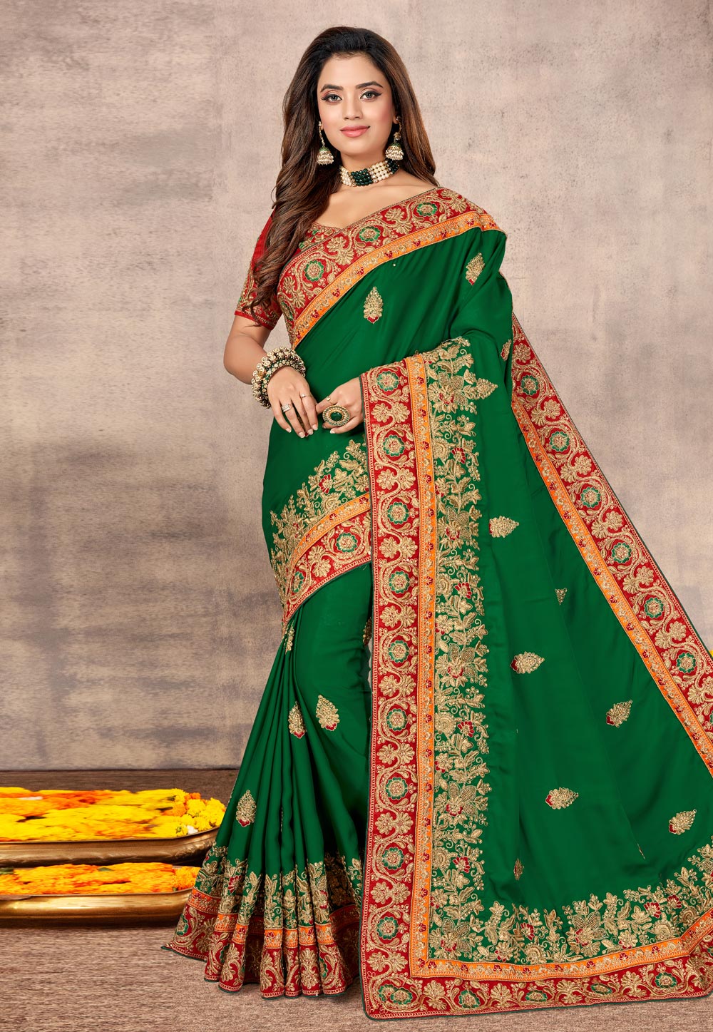 Green Satin Embroidered Festival Wear Saree 217732