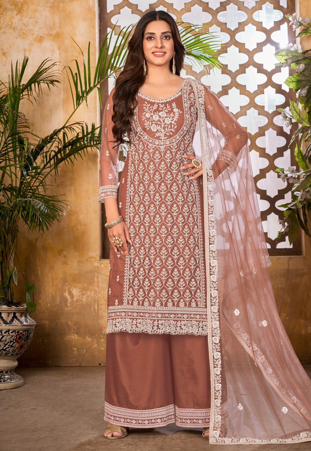 Brown Net Embroidered Pakistani Suit 248379