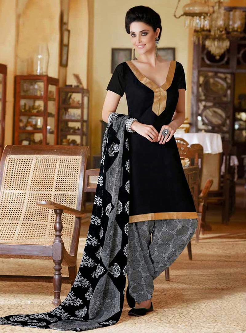 Black Cotton Patiala Salwar Suit 44402