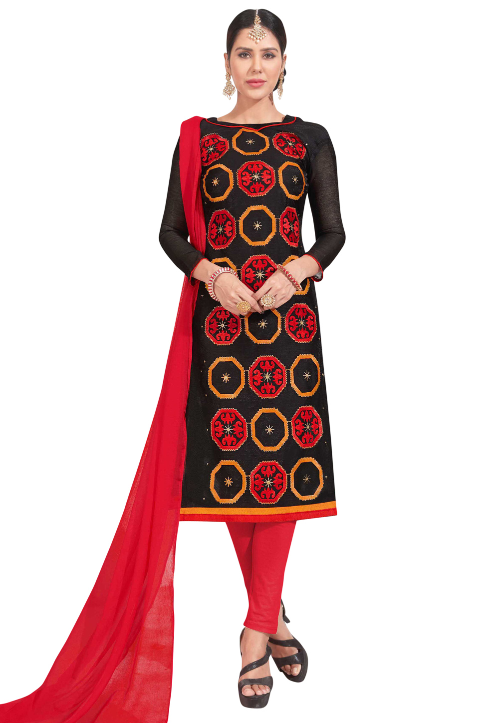 Black Chanderi Silk Churidar Suit 162863