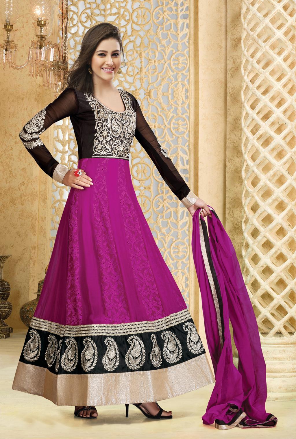 Black and Pink Faux Georgette Embroidery Long Anarkali Salwar Suit 30586