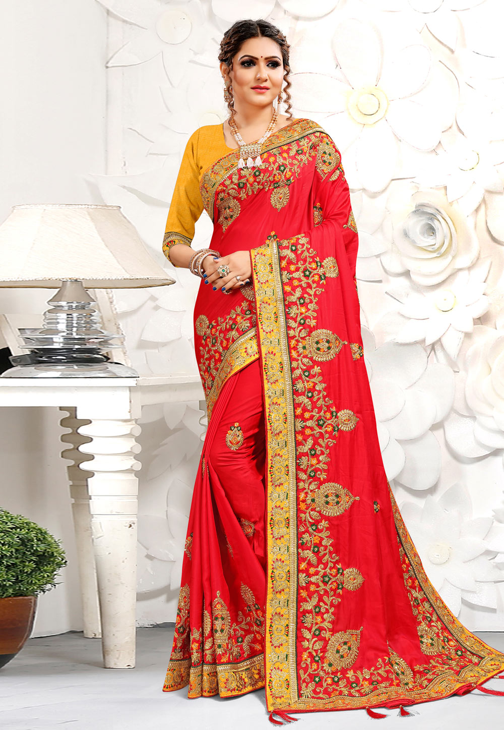 Red Satin Embroidered Festival Wear Saree 218130