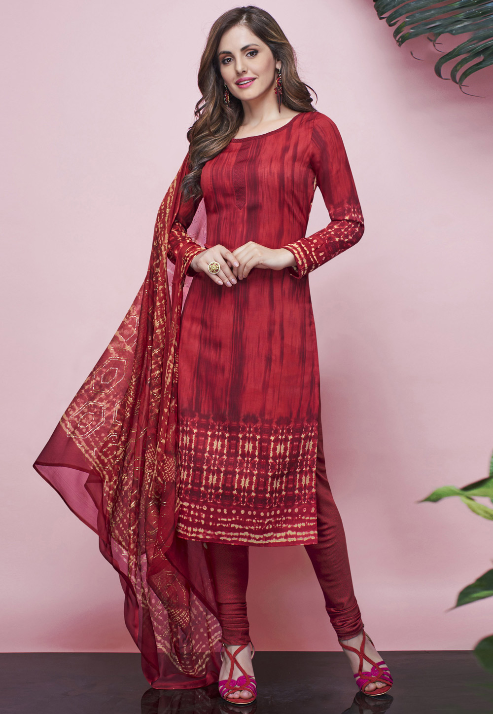 Red Crepe Printed Churidar Suit 166908