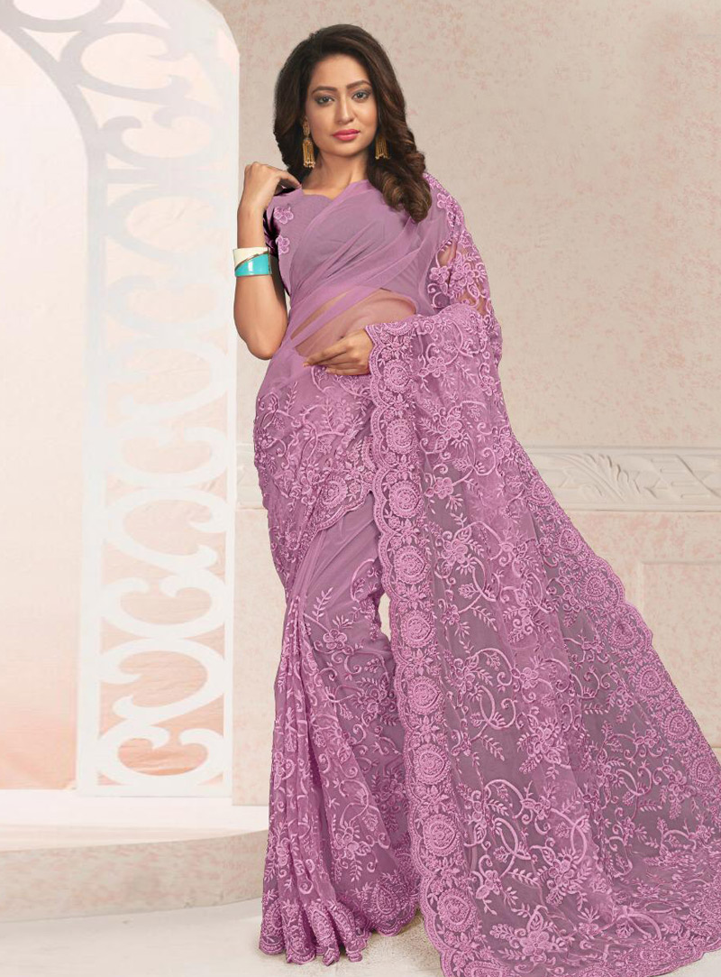 Light Purple Net Saree With Blouse 148607