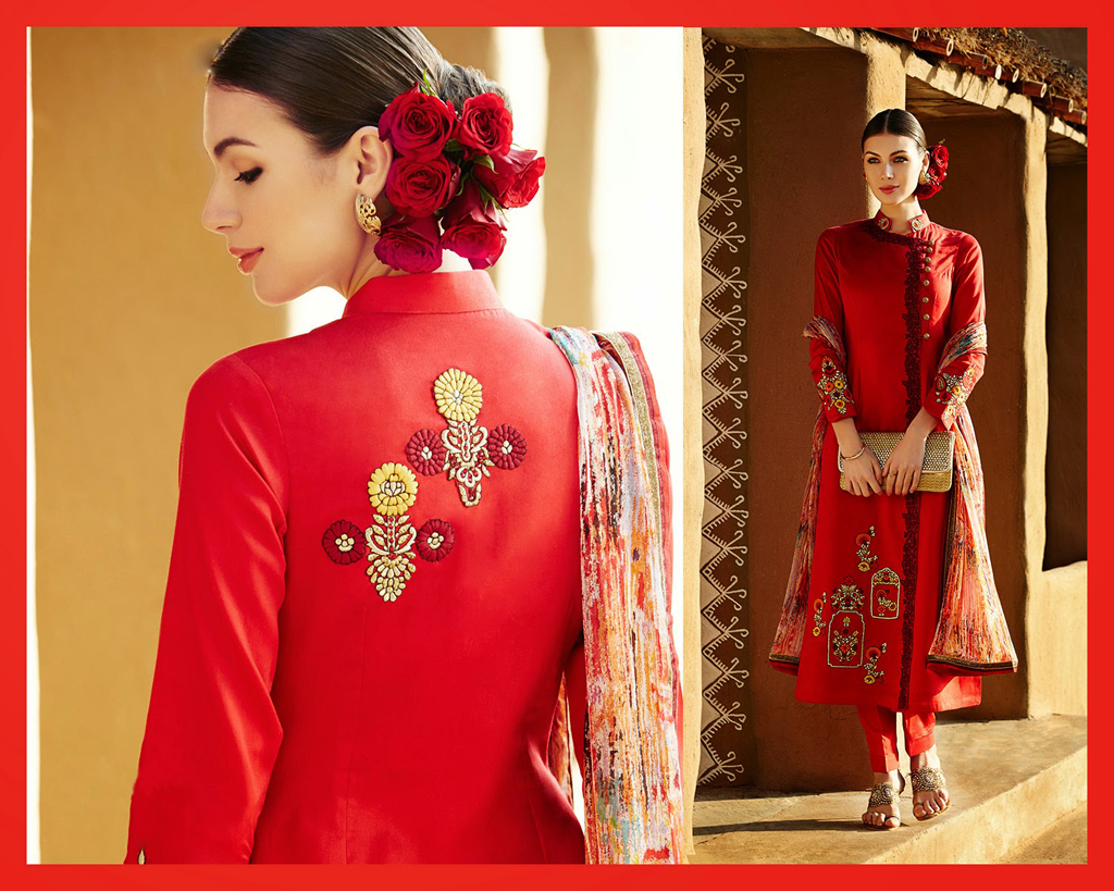 Red Pure Linen Designer Salwar Kameez 44356