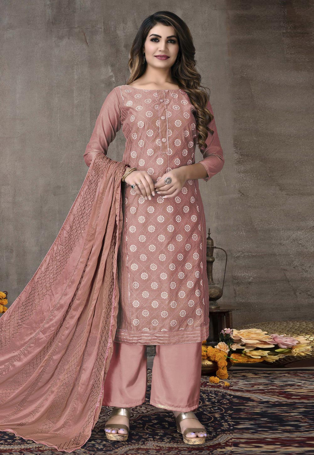 Pink Chanderi Cotton Pakistani Palazzo Suit 246911