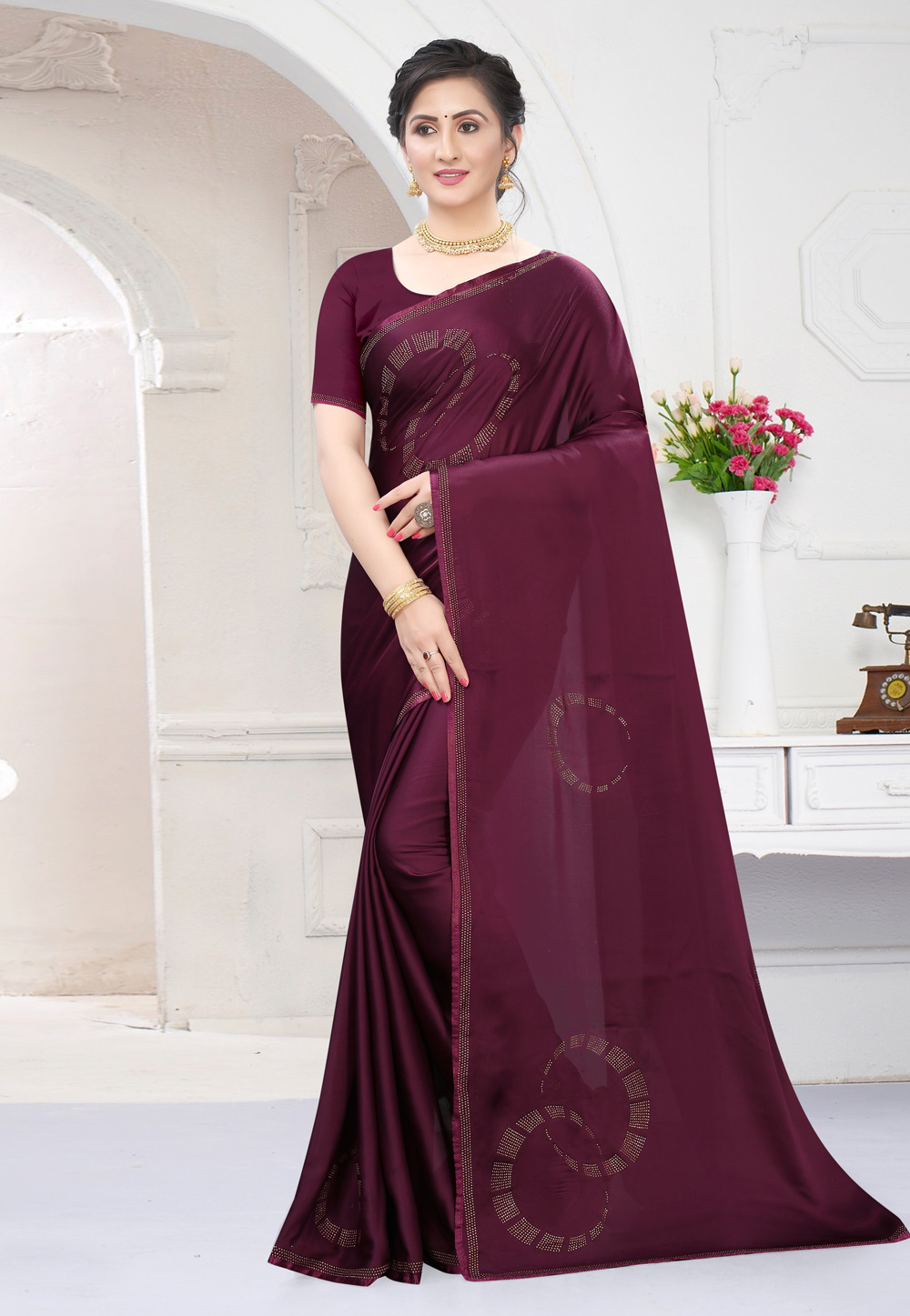 Purple Satin Stone Work Saree 218330