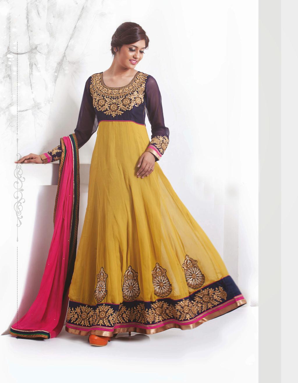 Yellow Faux Georgette Embroidered Long Anarkali Style Suit 30741
