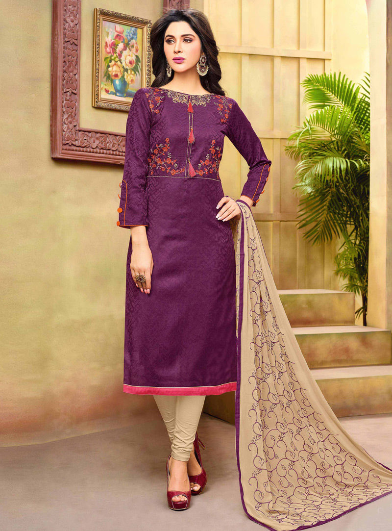 Purple Cotton Churidar Salwar Suit 119080