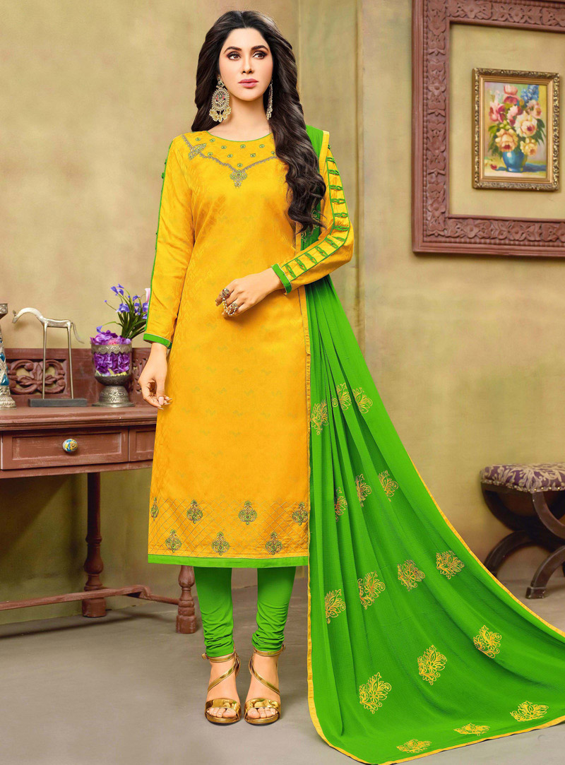 Yellow Cotton Churidar Salwar Suit 119084