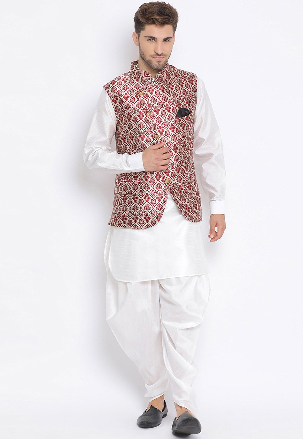 White Dupion Silk Kurta Pajama With Jacket 237781