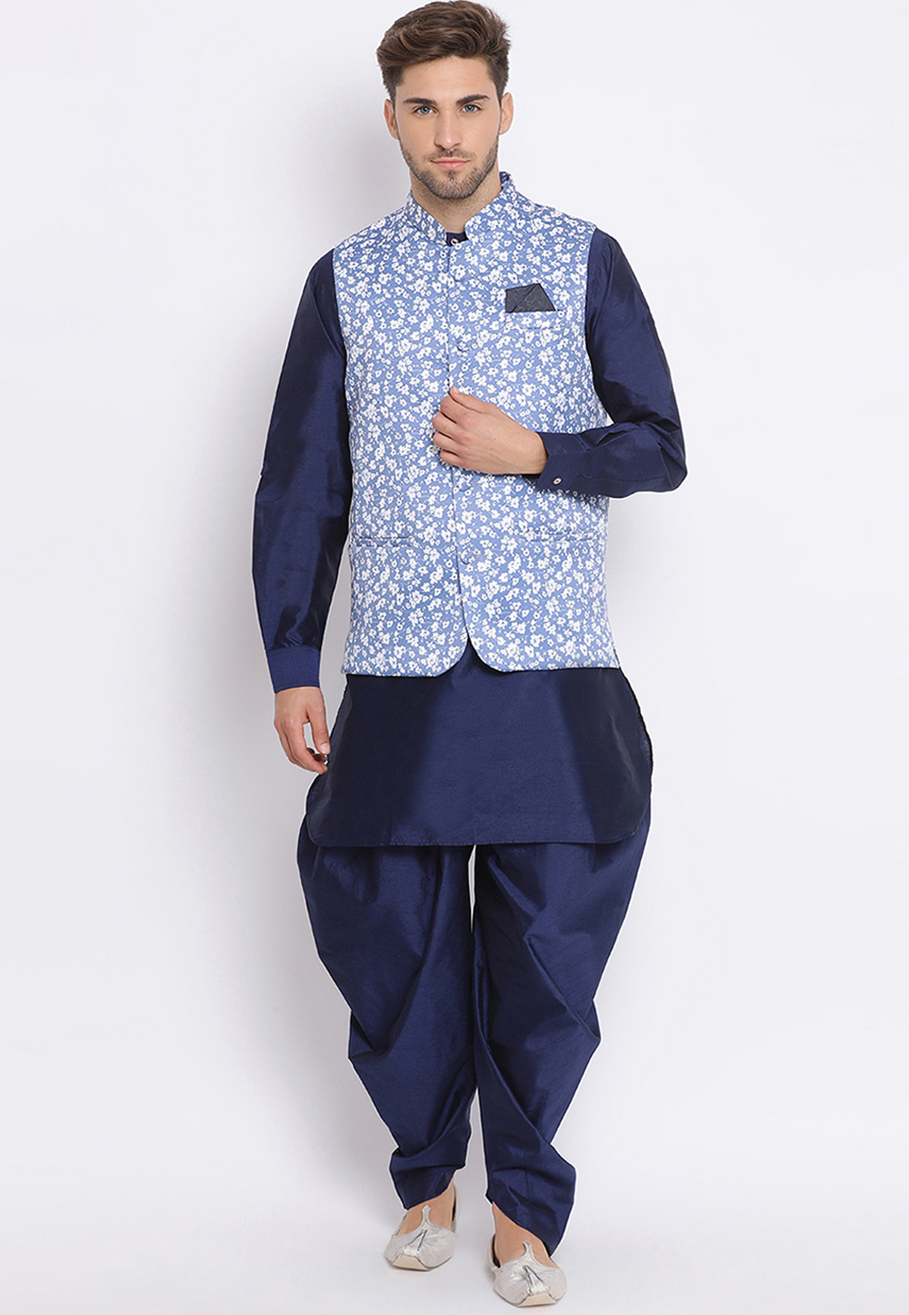 Navy Blue Dupion Silk Kurta Pajama With Jacket 237782