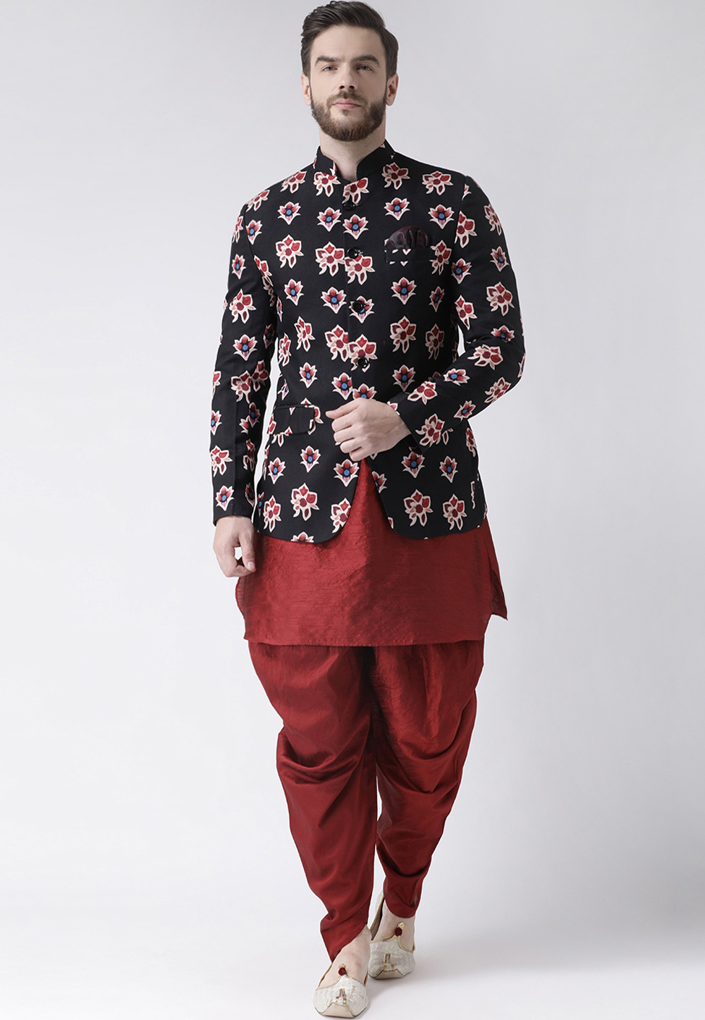 Maroon Polyester Kurta Pajama With Jacket 237783