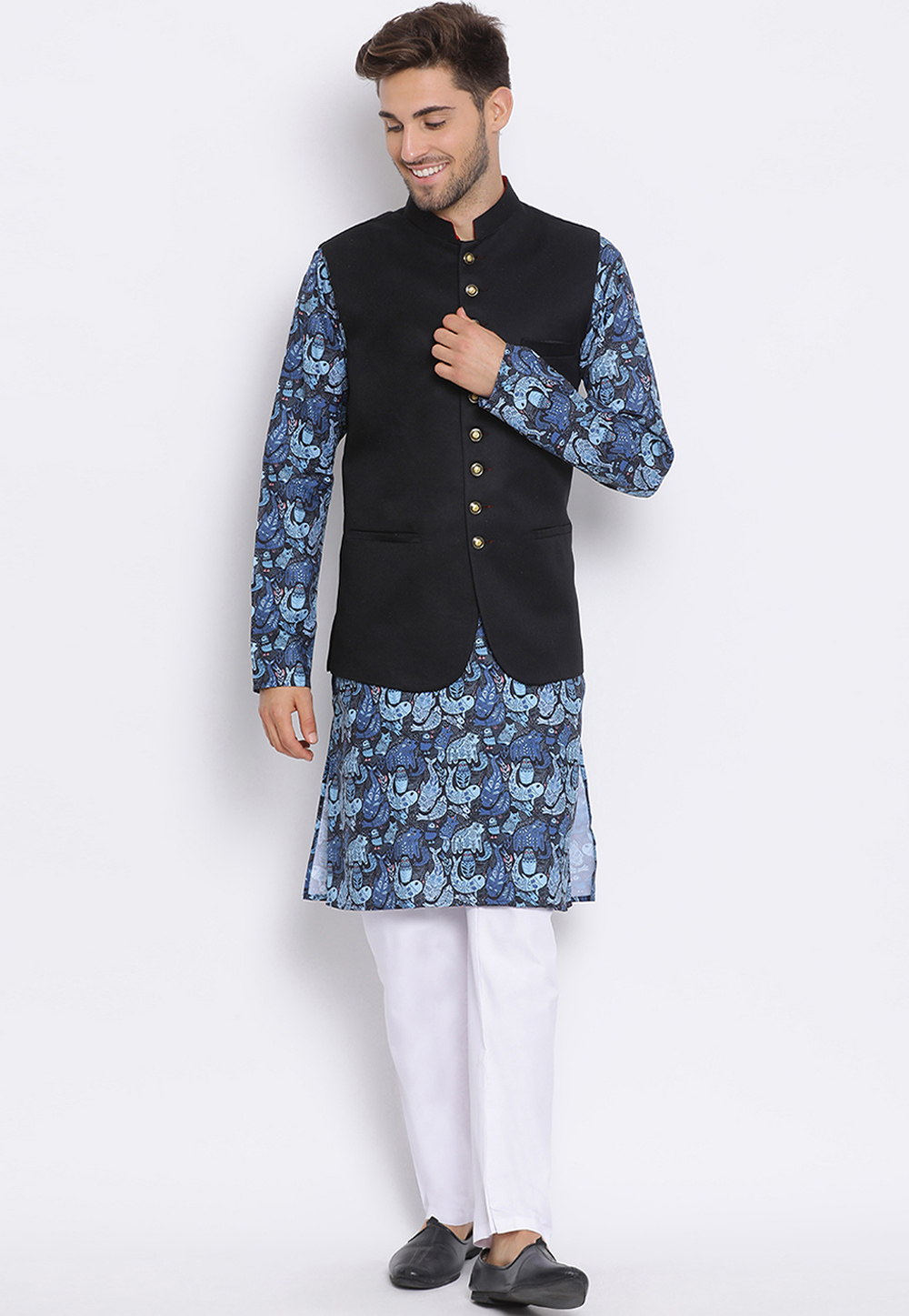 Blue Cotton Kurta Pajama With Jacket 237787