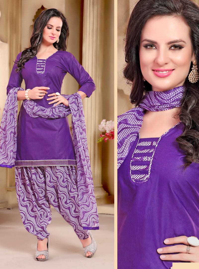 Violet Cotton Printed Patiala Suit 90954