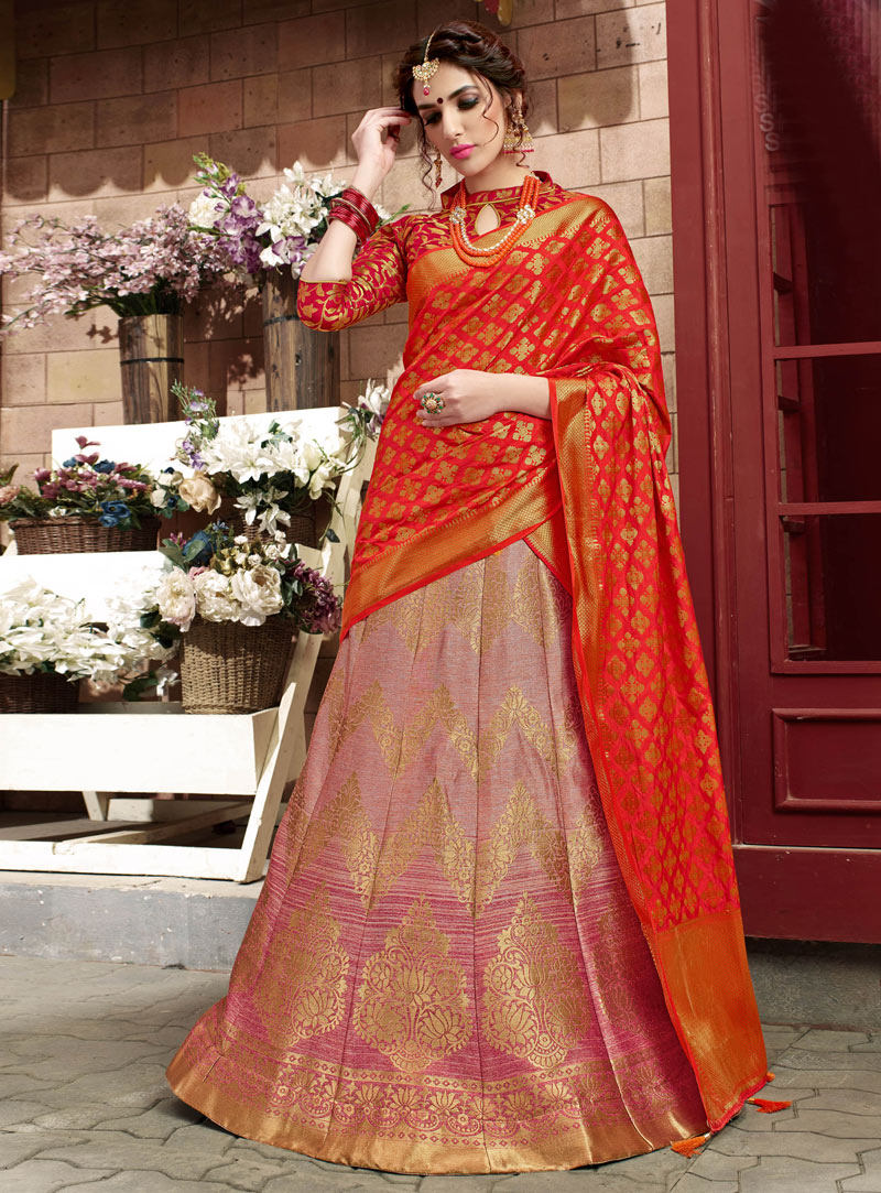 Light Pink Banarasi Silk A Line Lehenga Choli 119277