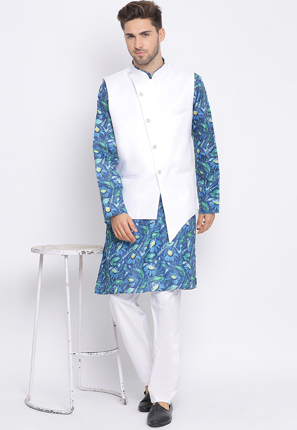 Blue Cotton Kurta Pajama With Jacket 237792
