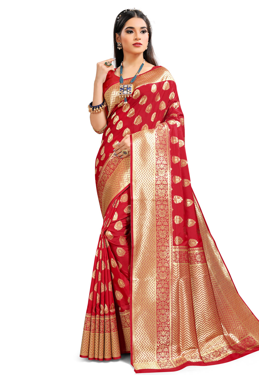 Red Jacquard Saree With Blouse 218306
