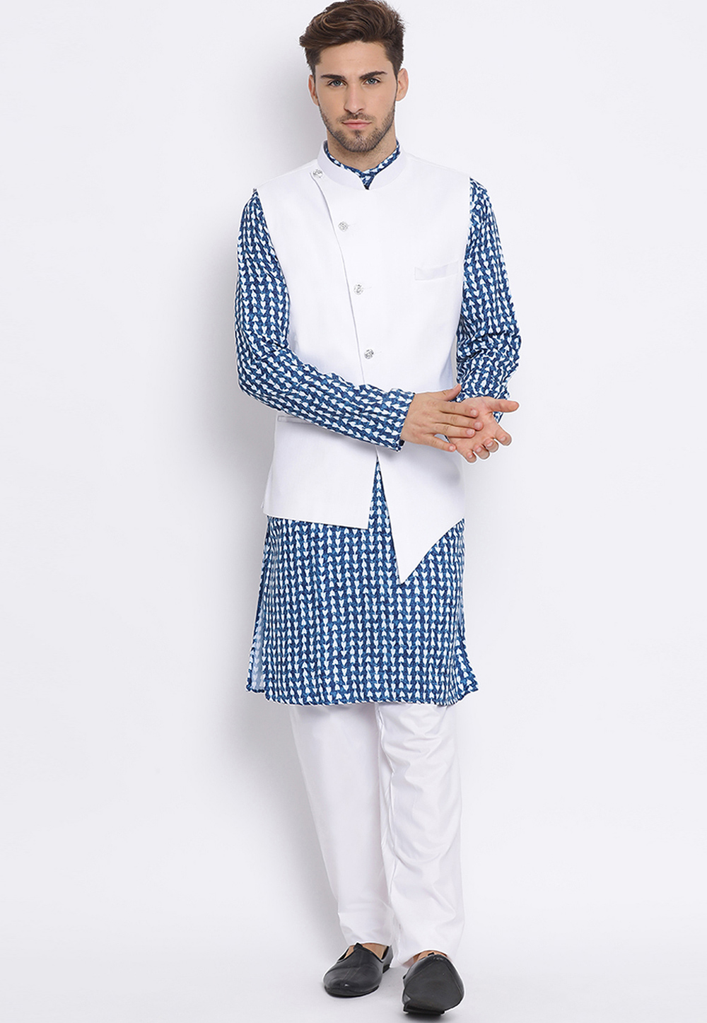 Blue Cotton Kurta Pajama With Jacket 237794