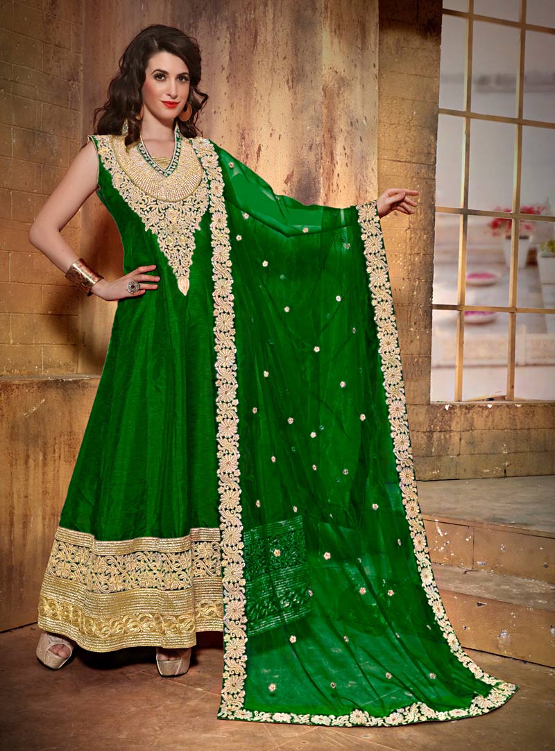 Green Raw Silk Ankle Length Anarkali Suit 69787