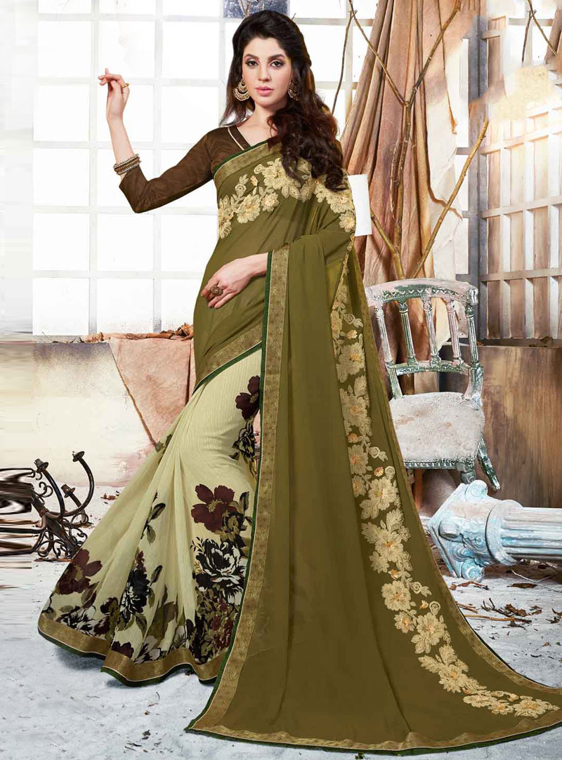 Green Georgette Printed Saree With Blouse 115176