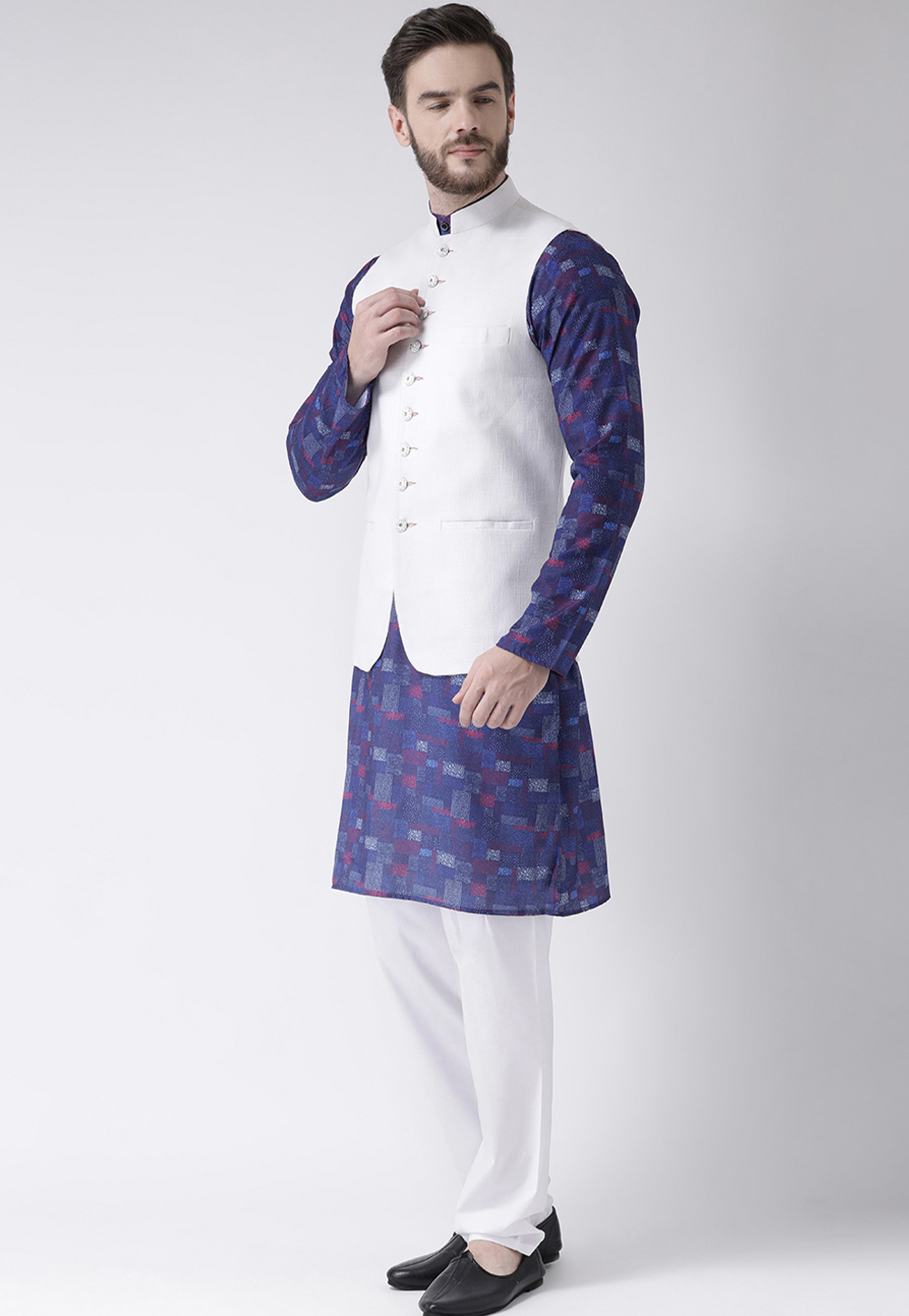 Navy Blue Cotton Kurta Pajama With Jacket 237800