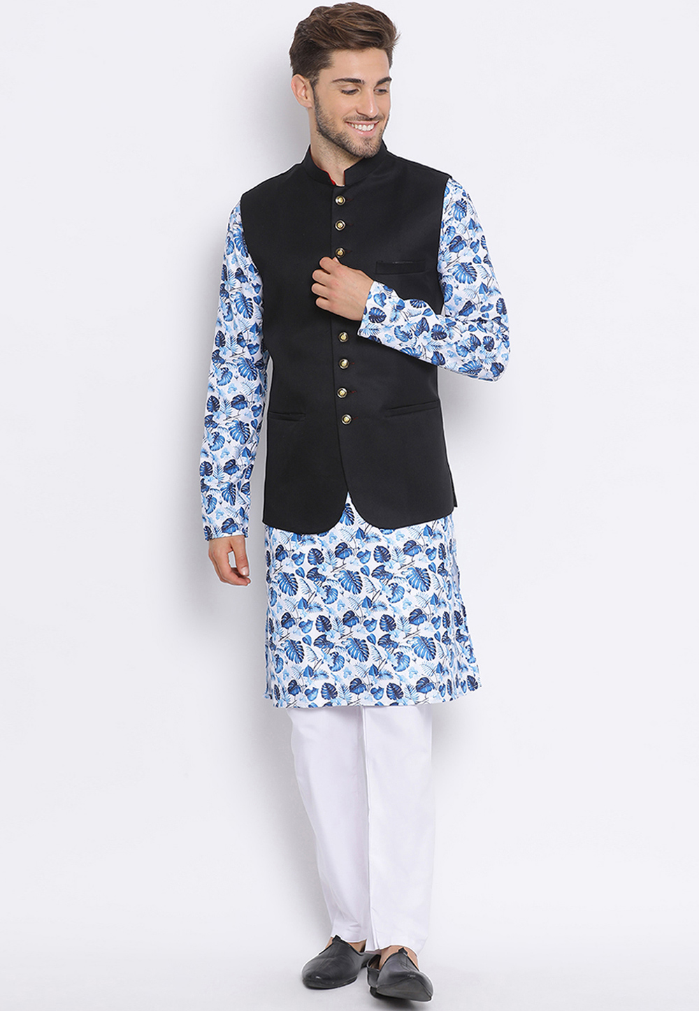 Blue Cotton Kurta Pajama With Jacket 237805