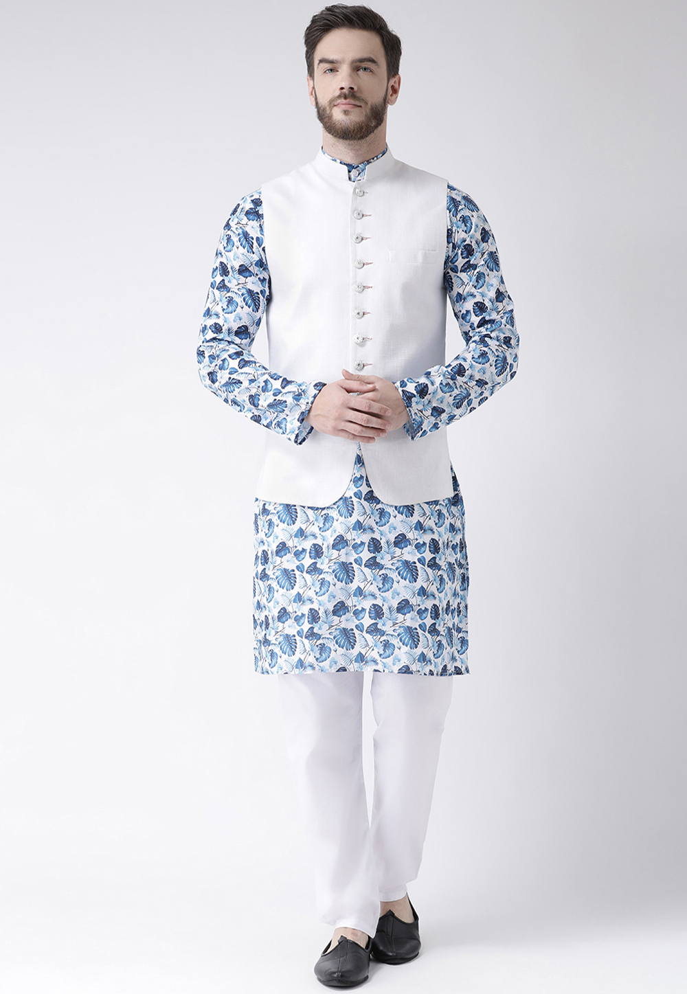 Blue Cotton Kurta Pajama With Jacket 237806