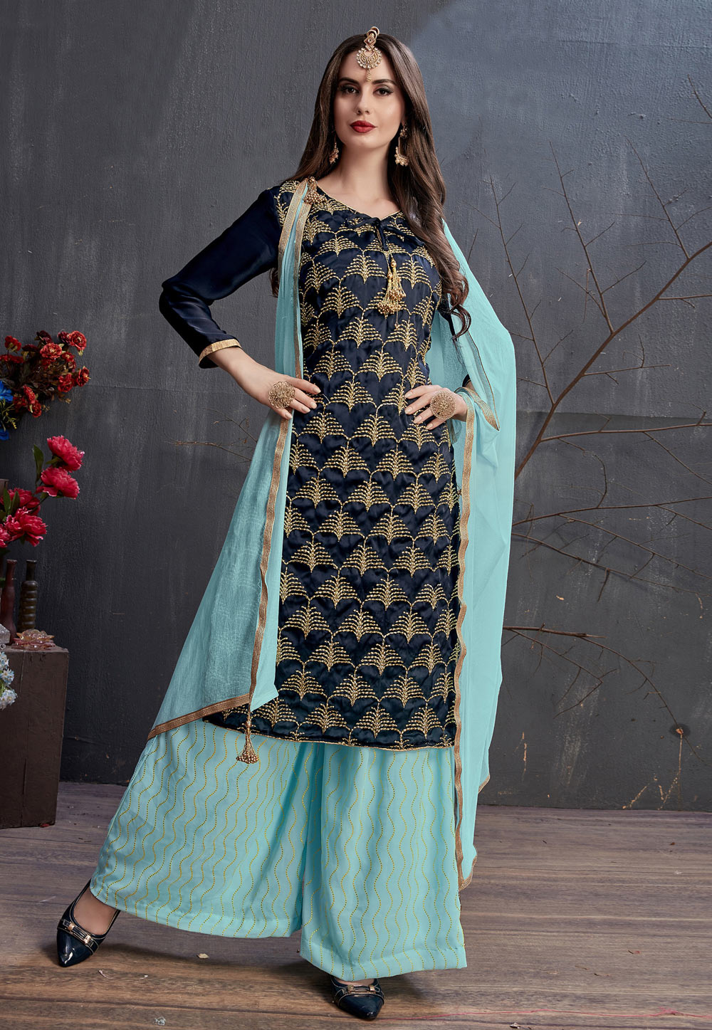 Navy Blue Georgette Embroidered Palazzo Suit 165208