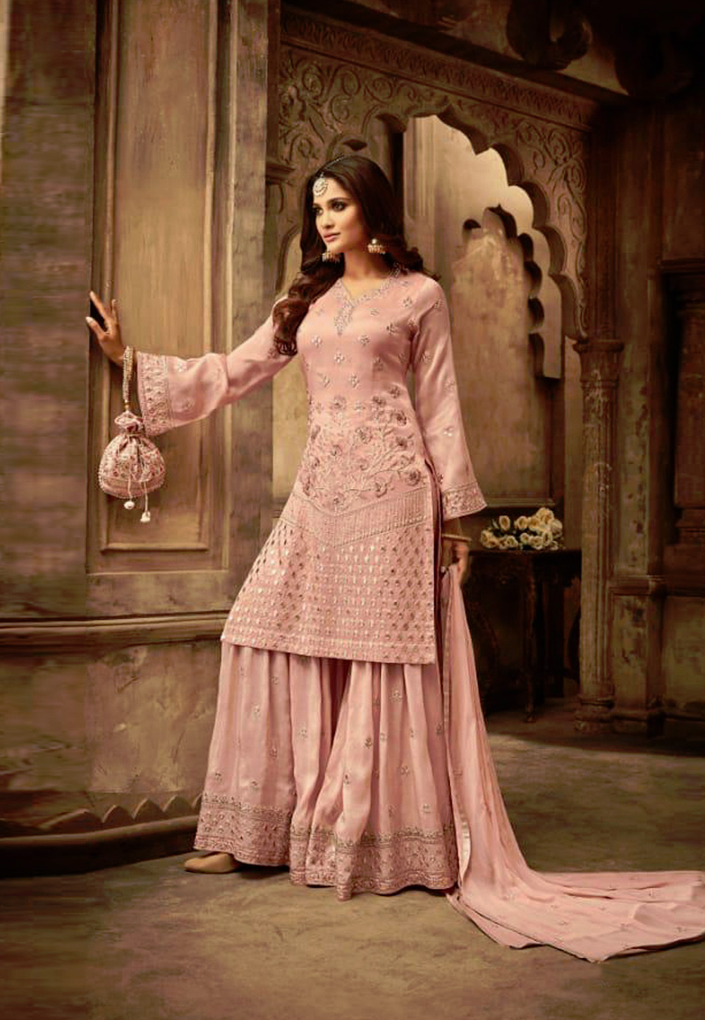 Light Pink Silk Sharara Suit 161725