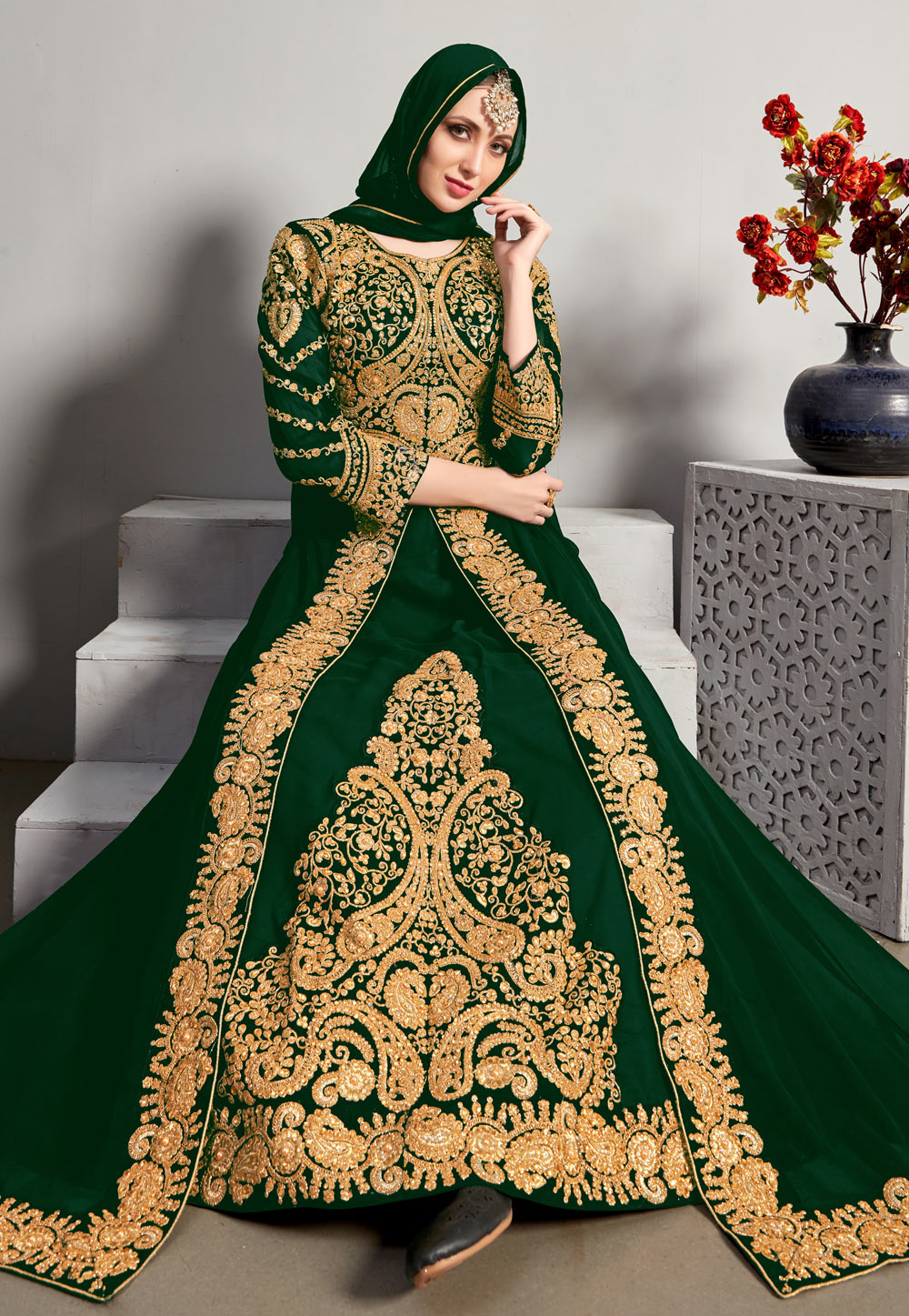 Green Georgette Abaya Style Anarkali Suit 243086