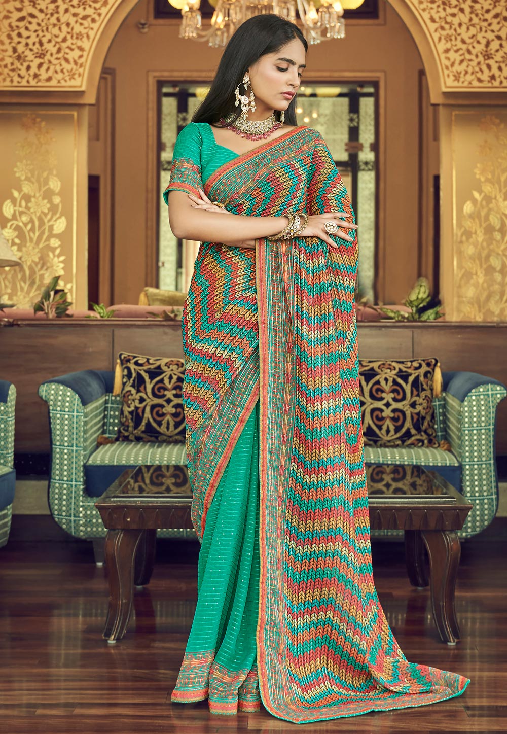 Sea Green Georgette Saree With Blouse 248796